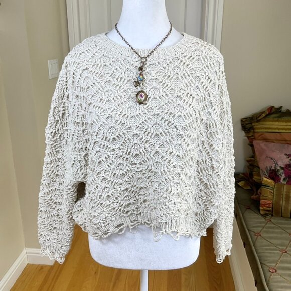 Storia Sweater Boxy Cropped Oversized Crochet Style Cream Beige Crew Neck (M) - Picture 1 of 7